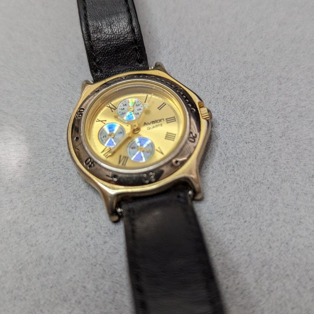 1990s Avalon Chrono Design Face Watch Case with Black Band gen Leather Working